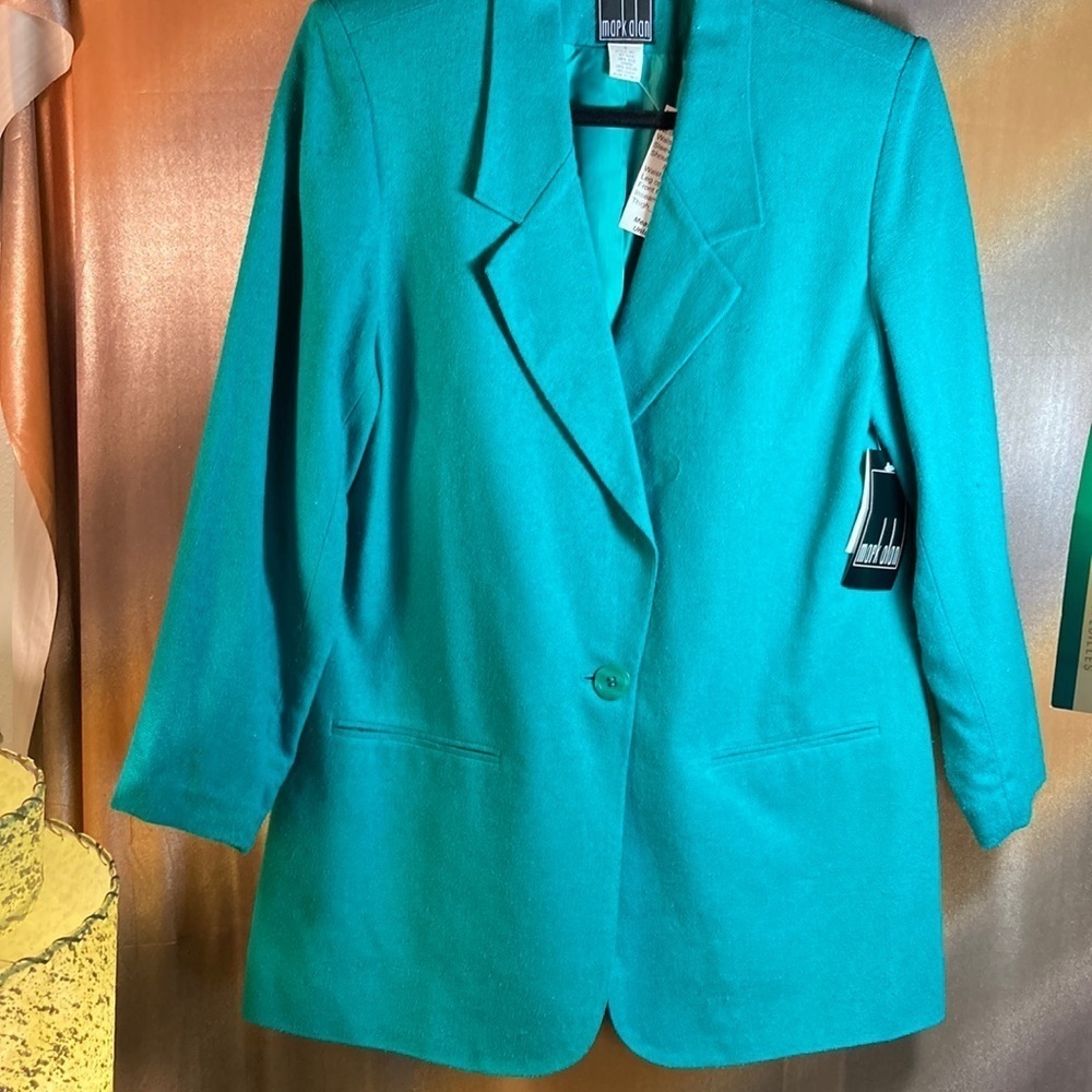 Vintage 90’s Mark Alan‎ Big Shoulder Silk Blazer Jacket Turquoise Size 10